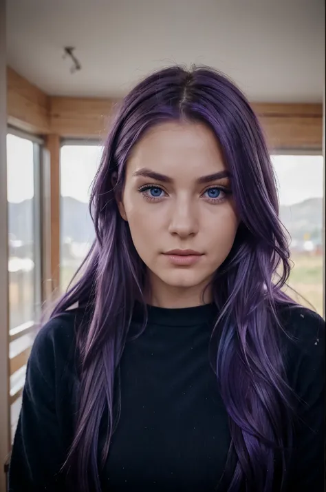 realistic portrait photo of a beautiful woman with purple hair, hair roots slightly faded, Norwegian, influencer, blue eyes, no makeup, Instagram