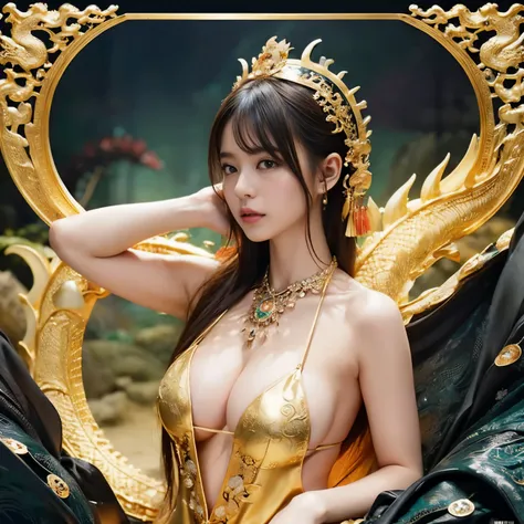 (Heavy breasts)、top-quality、tmasterpiece、超A high resolution、（White ragon armor）、(((Colossal tits))),Dragon armor、(((Detailed micro bikini))),(Wearing a beautiful crown made of jewelry),(Photorealsitic:1.4)、RAW photo、1 rapariga、(((Random hair))、(((Take diff...