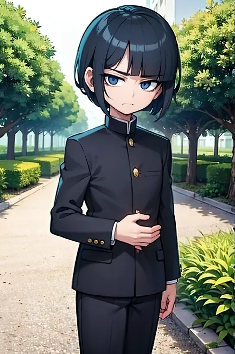 menino novo, Menino alto, cabelos azuis, corte de cabelo bob, olhos azuis, vestindo roupas pretas de estudante, Gakuran Preto, menino anime, shy face, em um jardim, shy face, pose anime bonito, disco Rigido, master part, best quality, filtro cinza, 4k, an...