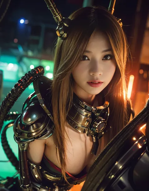 (Skimpy mechanical girl and alien background)、（Mystical expression）、top-quality、​masterpiece、超A high resolution、(Photorealsitic:1.4)、Raw photo、女の子1人、glowy skin、(((1 Mechanical Girl)))、（red metalボディスーツ）、(Natural alien background to fight aliens)、(Small LED)...