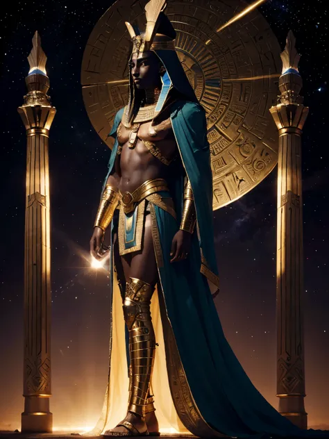 Create an evocative description of Osiris, the ancient Egyptian god, as he stands tall amidst the celestial realm, adorned in regal attire, with his skin reflecting the deep hues of the Nile, and a solemn gaze that holds the wisdom of the ages, full HD, ul...