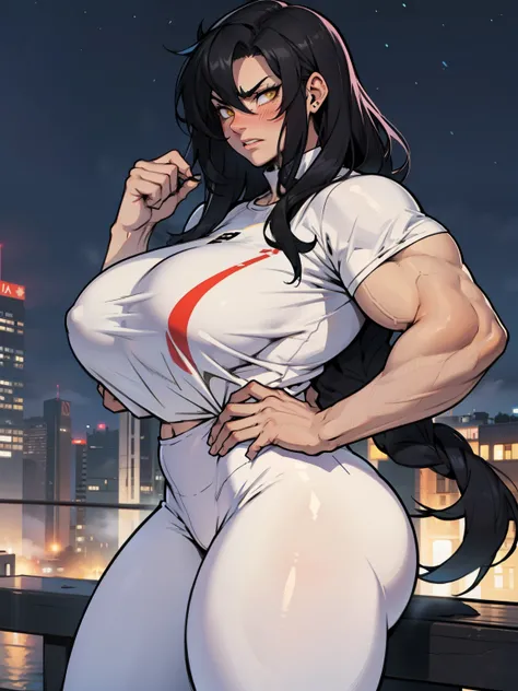 1girl muscular muscular muscular muscular toned body huge muscles thick thighs thick thick thick solo black hair yellow eyes very long hair pale skin angry blushing girl tight shirt leggings night time