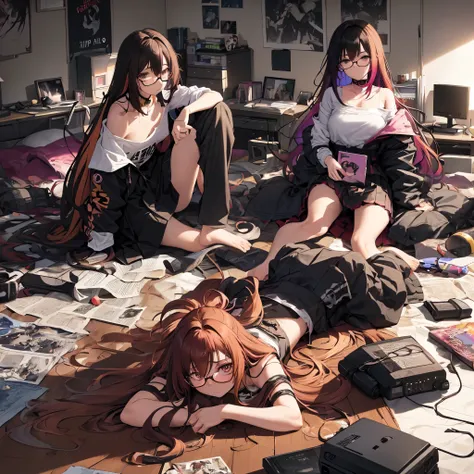 gradient hair,multicolored hair,very long hair,looking at viewer,black-framed eyewear,brown hair,medium breasts,leaning forward,looking at viewer,solo,messy room,unworn skirt,collar,adjusting glasses,messy_room,Messy_sleeper,Messy_hair,otaku room,bedroom,l...