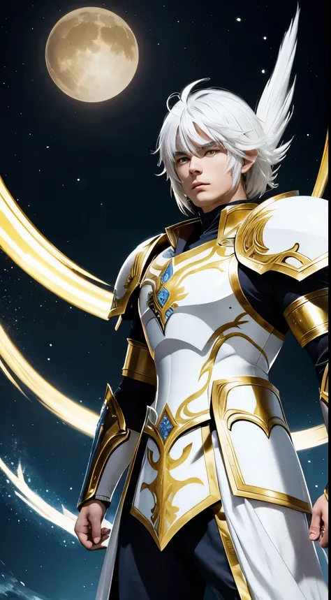 A white-haired warrior man with yellow eyes wearing white and gold saint seiya armor