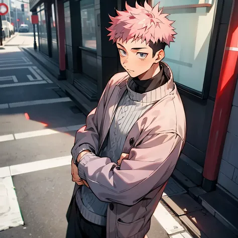 grey winter sweater ,faded pink hair , undercut hair ,1male , standing on street , grey eyes ,