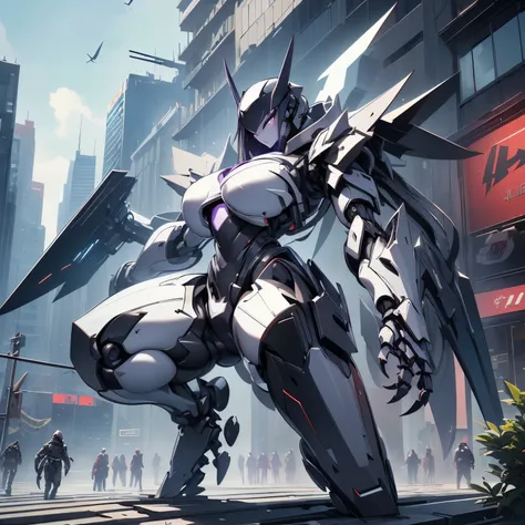 Humanoid robot, robot girl, long_black_hair,sharp_teeth, full body armor,fully_clothed, long_tail, chubby_female,purple_eyes, red_skin, spikes, claws, thicc_thighs , city _background