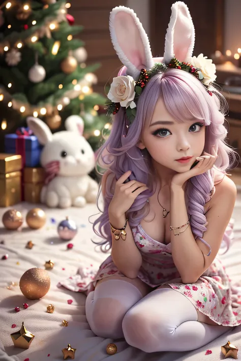 (christmas), (chistmas room), ( christmas decor) araffe with pink hair and bunny ears sitting on a bed, angelawhite, belle delph...