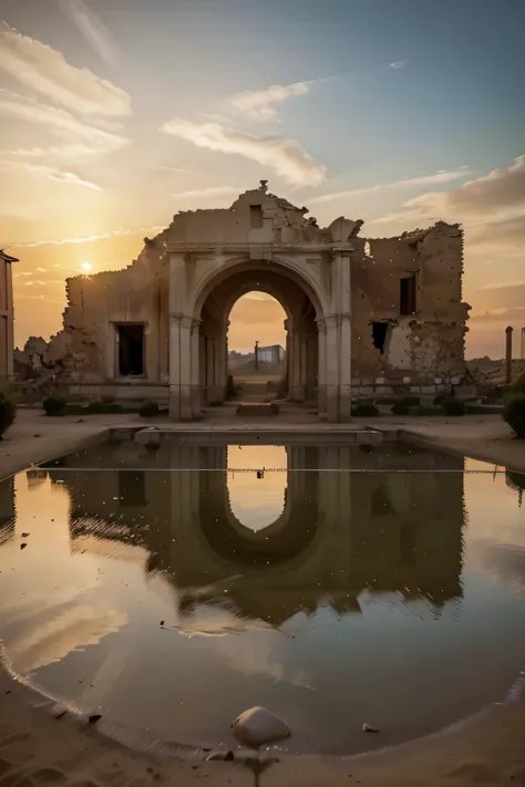 cinematic images，estilo de fotografia hiper-realista, nikon d810 camera, lente 24mm 2.8 na abertura 5.6, 45 degree sunset light，Ultra-wide viewing angle，vasto deserto，oasis，ruined ruins，stereoscopic perspective，Obras de mestres，formato paisagem