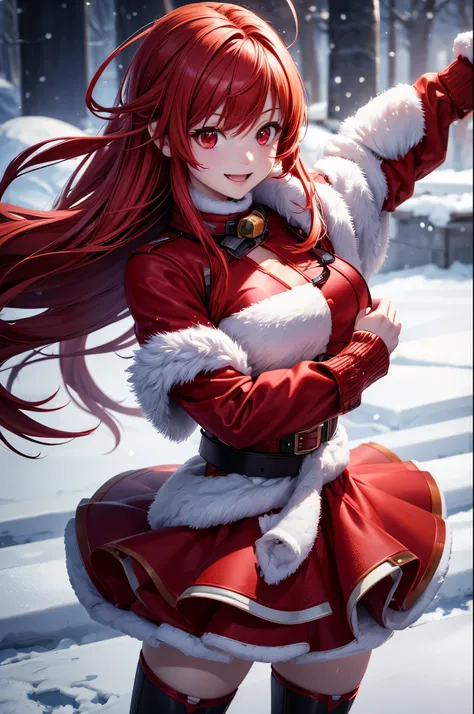 Young Super Cute Girl, Light Red Hair, Red Eye, Mechanical Wing, Fighting Stance, Winter Dress, Chrismas Theme, Happy Emotion mood, Smile, 3D, Realistic, HDR, HD, Background, RTX, 2K, Masterpiece.