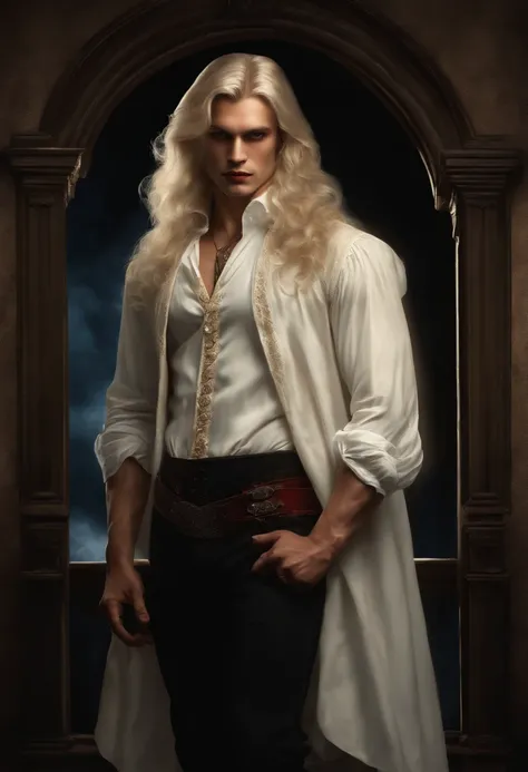 ((Painting of a platinum blond vampire with long hair)), ((with a white shirt full of blood, Victorian era style)), ((full body)), ((He is holding a beautiful masculine, blond, white man, for back)). (full body), ((They are in the room with the moonlight c...