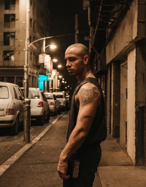 Dramatic photoshoot, one man, skinhead, rough, street-rat, wornout  outfit, posing, instagram photoshoot, professional, full hd, cinematic shot,