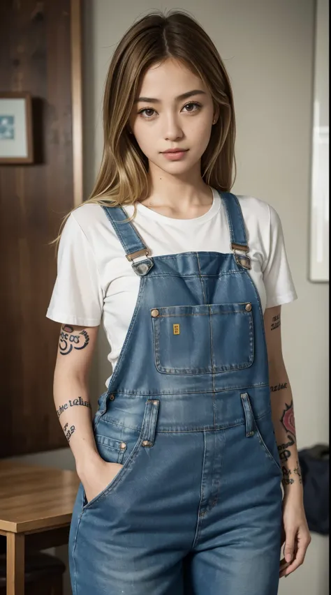 50 years old, gorgeous cute  Turkish girl, smirk, freckles, polaroid photo, (Brown skin:1.5), (medium blonde hair:1.5), arafed asian woman in overalls posing in a workshop, wearing overalls, artist wearing torn overalls, torn overalls, tzuyu from twice, bl...