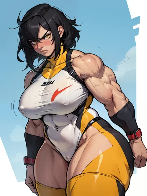 1girl muscular muscular muscular muscular toned body huge muscles thick thighs thick thick thick solo black hair yellow eyes pale skin angry blushing girl breasts skintight