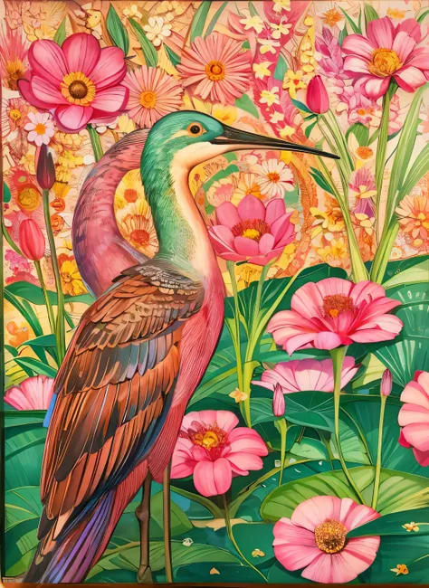 painting of a bird standing in a lake with pink flowers, Directed by: Susana Crile, inspirado em Marianne North, inspirado em Charles Maurice Detmold, inspirado em Louis Comfort Tiffany, Directed by: Katleen Walne, inspirado em John James Audubon, inspirad...