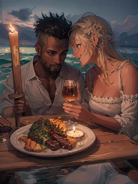 Photograph of 25 year old beautiful white american woman with blonde hair and a 28 year old dark-skinned african-american man with a goatee looking lovingly at each other while feeding each other having a candlelight dinner on a wooden raft in the ocean. l...