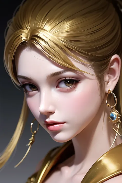 gold tattoos with a girl in rain with golden earrings, in the style of vray tracing, martin ansin, yuumei, poured, close up, dark white and gold, speedpainting, masterpiece, best quality,