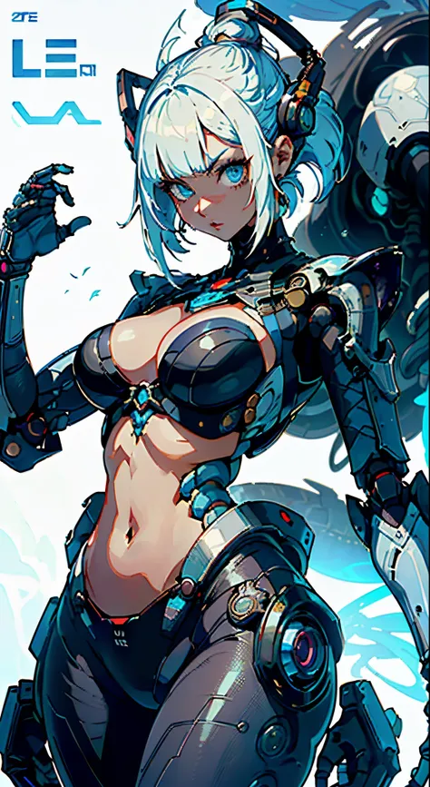 UHD com detalhes impressionantes, Estilo inspirado em ((Efeito Shadow of the Colosuass e Monster Hunter. | A stunning 30-year-old woman wearing white cybernetic armor with blue trim and black robotic parts, perfeitamente ajustado ao seu corpo. Seu curto ca...