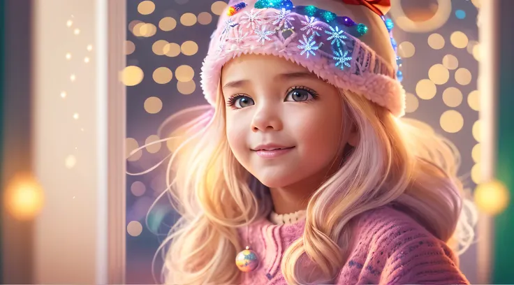 girl BLONDE CHILD, EM ROUPAS DE Natal COM LUZES DE Natal COLORIDAS, AND IN THE BACKGROUND A CHRISTMAS TREE