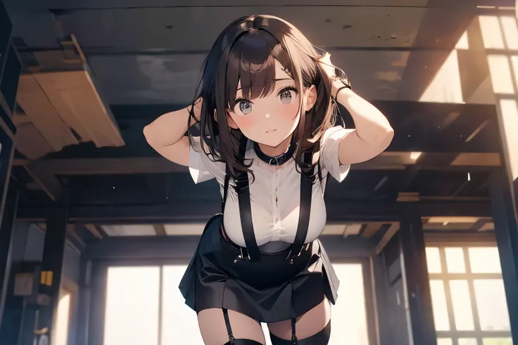 Brown hair、watching at viewers　　　black suspenders　　　Bulging big breasts　　 　 　　　walls: 　Black miniskirt　garters　　　　　　Gaze　　　Small face　bangss 　　　holster　　　Beautuful Women　　hands up　　レッグholster ベッドに横たわる　　Gaze 　black boots panty shot　provocation　flank　flank汗