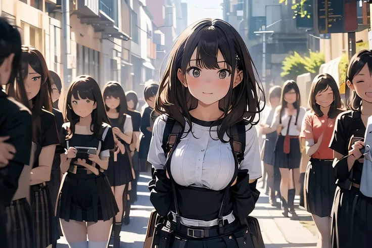 Brown hair、watching at viewers　　　black suspenders　　　Bulging big breasts　　 　 　　　walls: 　Black miniskirt　garters　　　　　　Gaze　　　Small face　bangss 　　　holster　　　Beautuful Women　　hands up　　レッグholster ベッドに横たわる　　Gaze 　black boots panty shot　provocation　flank　flank汗