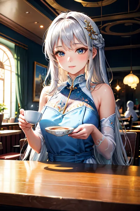 high quality, highly detailed composition, the enchanting woman, with her flowing white hair and silky skin emitting a celestial glow, sits gracefully in a café, becoming a beacon of enchantment, Delicate brushstrokes accentuate the intricate details, brin...