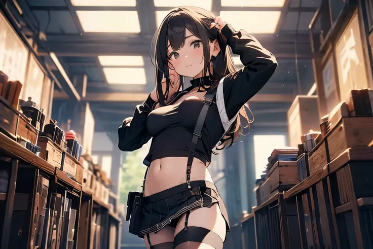 Brown hair、watching at viewers　　　black suspenders　　　Bulging big breasts　　 　 　　　walls: 　Black miniskirt　garters　　　　　　Gaze　　　Small face　bangss 　　　holster　　　Beautuful Women　　hands up　　レッグholster ベッドに横たわる　　Gaze 　black boots panty shot　provocation　flank　flank汗　...