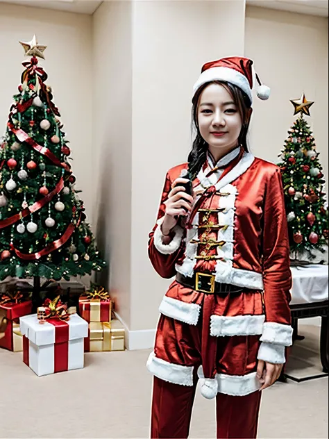 ((beautiful chinese woman))，asian women，(red santa claus costume：1.5)，christmas tree，christmas atmosphere，black hair，photorealsi...