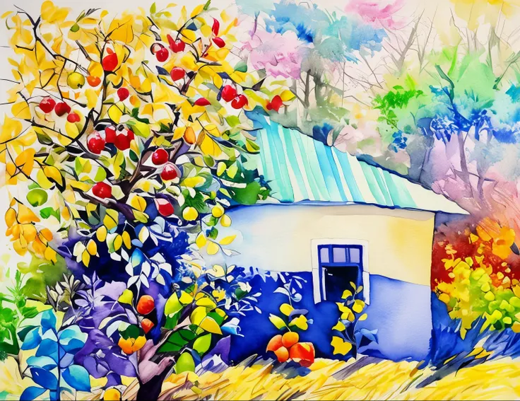 painting of a house with a tree and a fruit tree, Directed by: Nadya Rusheva, Directed by: Bencho Obreshkov, Directed by: Oscar Schilling Turda, Directed by: Igor Grabar, inspirado em Isaac Levitan, Directed by: Li Keran, Directed by: Dechko Uzunov, pintur...