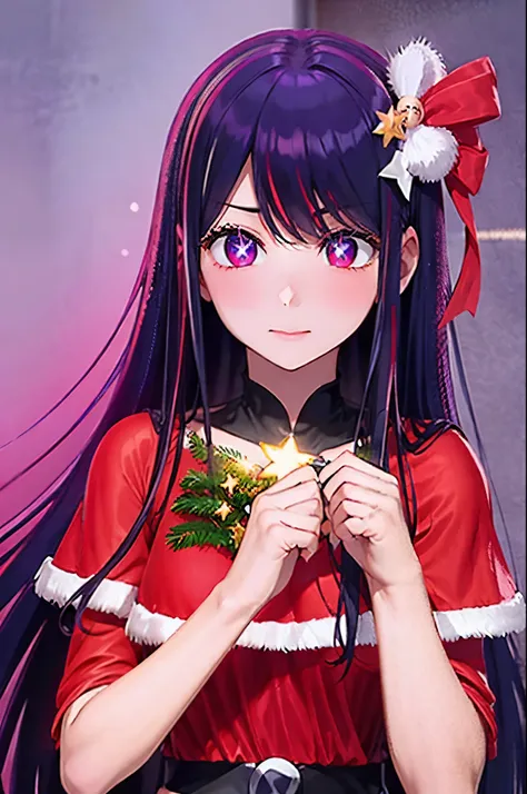 best quality Hoshino Ai, long hair, purple hair, streaked hair ,purple eyes, star-shaped pupils, hair ornament, by a christmas tree looking at her presents  sntdrs, red santa dress,
fur
belt