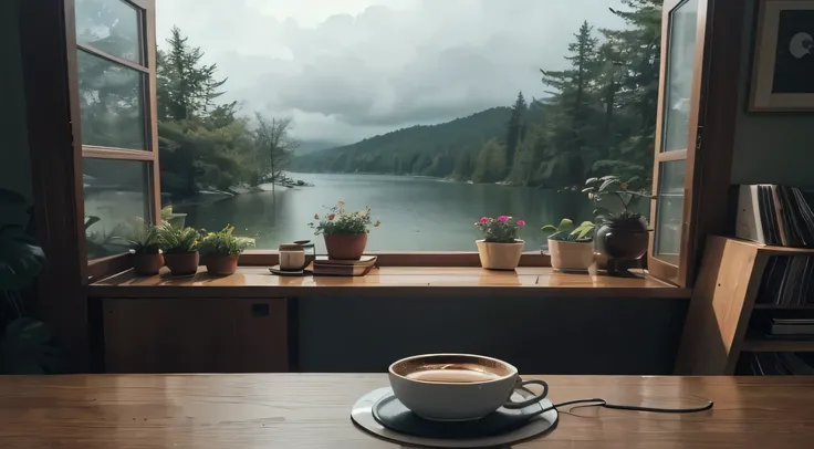 Create an AI-generated background image for a lofi music channel called Cozy Cadence Cove. The image should feature a cozy, atmospheric setting, such as a warm coffee shop or a peaceful, rainy day scene. The color palette should be calming and muted, with ...