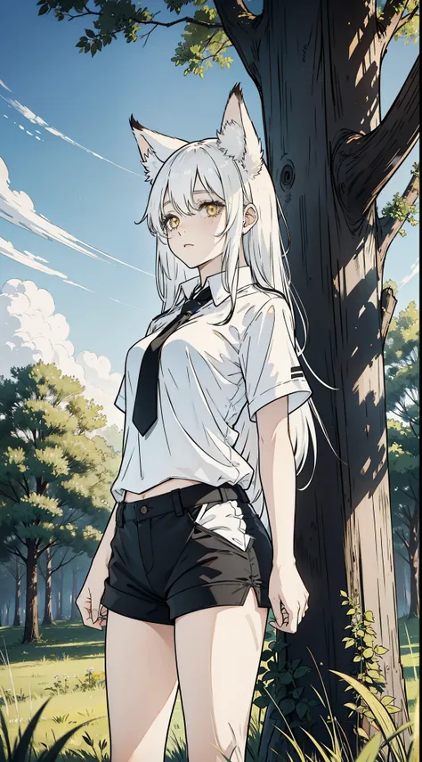 1girl,(shy),solo,medium breasts,(white shirt,black shorts),white hair,long hair,yellow eyes,fox ears,grass,trees