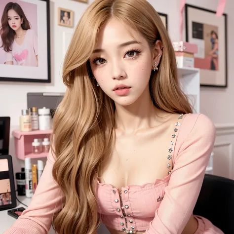 Un primer plano de una mujer con cabello largo y un vestido rosa, portrait of Jossi de Blackpink, Retrato Jisoo Blackpink, Parque Roseanne de Blackpink, Blackpink Jennie, Lalisa Manobal, maquillaje popular de Corea del Sur, maquillaje coreano popular, Mode...