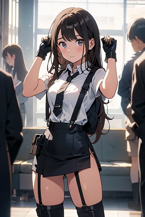 Brown hair、watching at viewers　　　black suspenders　　　bulging big tits　　 　 　　　walls: 　Black miniskirt　garters　　　　　　Gaze　　　a small face　bangss 　　　holster　　　Beautuful Women　　Hands up　　レッグholster ベッドに横たわる　　Gaze 　black boots panty shot　Provocation　flank　flank汗　S...