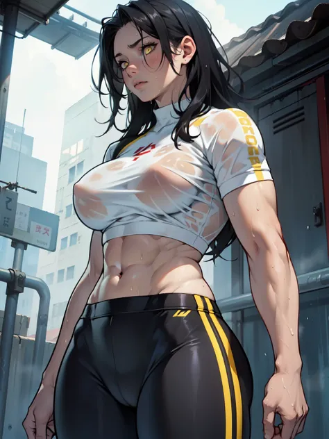 muscular girl thin waist large breasts thick pale skin black hair yellow eyes muscular girl thin waist large breasts thick muscular girl thin waist large breasts thick skintight sad expressionless sweaty wet hair messy hair