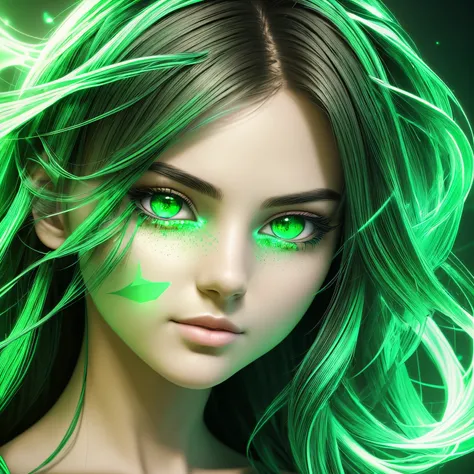 pixel classification, Very beautiful girl with green eyes and green mouth emerged in eternal tera flow of eternal data flowing through loop of infinite light scattering in the world of chaotic ripple optical illusions, mundo exterior celestial, lut, hdr, d...