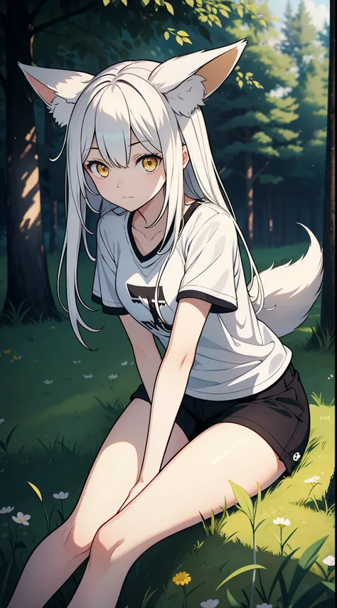 1girl,(shy),solo,medium breasts,(white shirt,black shorts),white hair,long hair,yellow eyes,fox ears,grass,trees