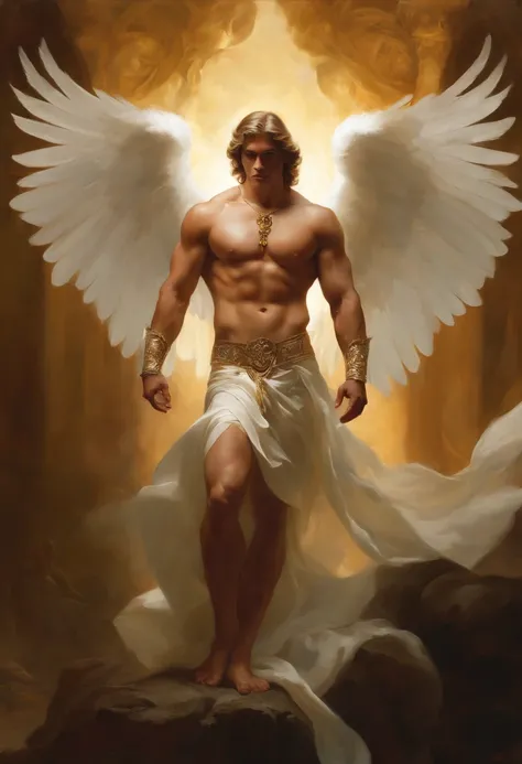 A painting of a magnificent angel, ((man)), ((Dramatic look at camera)), ((muscular, strong body, shapely and muscular legs)), (((large and strong upper body)), (( with several huge wings)), (((majestic angel wings)), diverse positions (((full body shot)),...