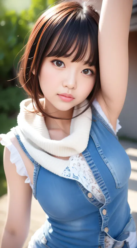 Asian woman in arafe wearing denim vest and scarf,28 year old、I have a mole under the side of my mouth、 One adorable Japan human face, Young adorable Japan face, 8K selfie photo, young cute wan asian face, Eyes are double、 girl cute-fine-face, cute - fine ...