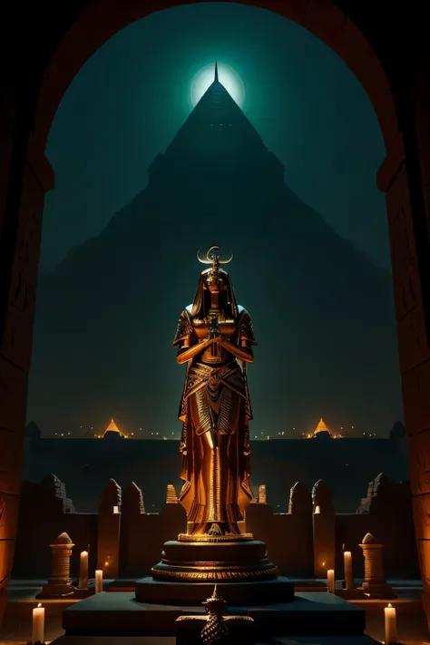 Create an evocative illustration capturing the essence of Meretseger, the Egyptian goddess of the Theban Necropolis. Highlight her serpent-like form, crowned with a coiled cobra, and depict the protective and watchful nature attributed to her. Consider inc...