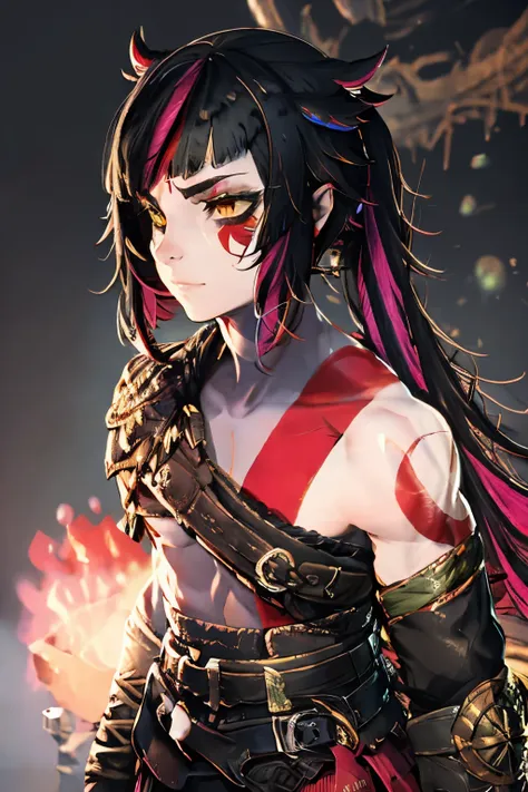 lilia vanrouge,multicolored hair,streaked hair,black hair,red hair,long ponytail,1boy, scar