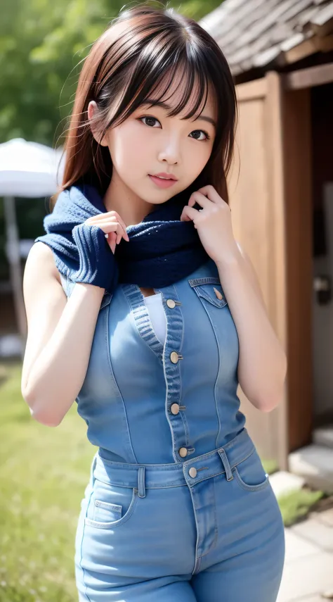 asian girl in arafe wearing denim vest and scarf,one mole in the mouth、28 year old、 one adorable japan human face, young adorabl...