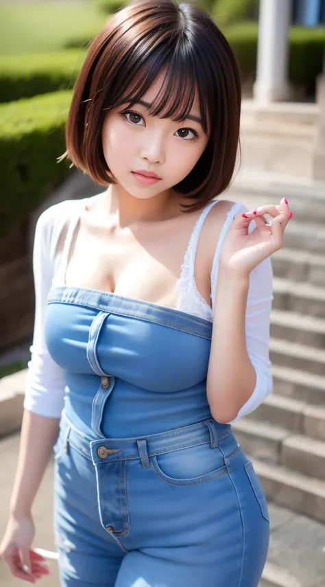 asian girl in arafe wearing denim vest and scarf,one mole in the mouth、28 year old、 one adorable japan human face, young adorabl...