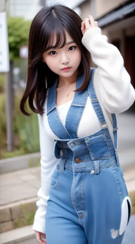 Asian girl in arafe wearing denim vest and scarf,One mole in the mouth、 wan adorable korean face, Young adorable Korean face, 8K selfie photo, young cute wan asian face, Eyes intact、jaeyeon nam, Jinyoung Shin, girl cute-fine-face, cute - fine - face, joy g...