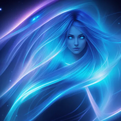 Stunning woman with vibrant blue neon hair made of light, long flowing hair, glowing in the midst of galaxy formations in dark space, beautiful woman, hourglass figure, mesmerizing blue eyes, facing viewer, looking at viewer, dark fantasy, detailed and rea...