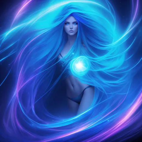 Stunning woman with vibrant blue neon hair made of light, long flowing hair, glowing in the midst of galaxy formations in dark space, beautiful woman, hourglass figure, mesmerizing blue eyes, facing viewer, looking at viewer, dark fantasy, detailed and rea...