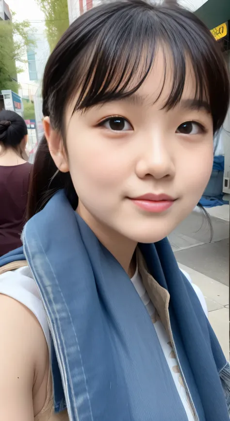 Asian girl in arafe wearing denim vest and scarf, wan adorable korean face, Young adorable Korean face, 8K selfie photo, young cute wan asian face, Eyes intact、jaeyeon nam, Jinyoung Shin, girl cute-fine-face, cute - fine - face, joy gaze, she has a cute fa...