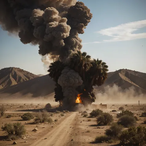 A post-apocalyptic desert with burning trees, downed planes and dense dust cloud