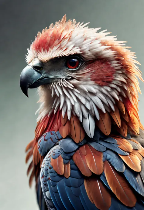 (best quality,4k,8k,Altas,master part:1.2),ultra-detalhado,Realistic,Artistic style,retrato,Strong lighting effects,Brush strokes,cores expressivas,harpy head,Penas detalhadas,imposing presence,sharp bird beak,gray plumage around the neck,crista de penas,v...