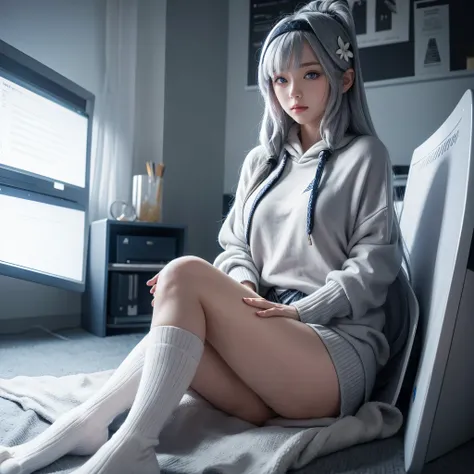 1 girl, solo, Himari, Blue Archive, straight long silver hair, gorgeous deep blue eyes, oversized white sweater with hoodie, black knee high socks, ultra detailed, best quality, highest resolution