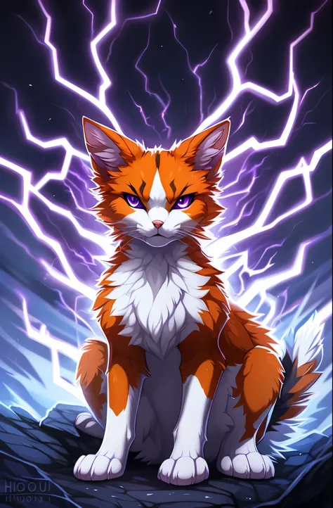 Solo, a feral orange and white calico cat, purple eyes, feral cat, purple eyes, sitting, looking angry, purple electricity surging through him, by hioshiru